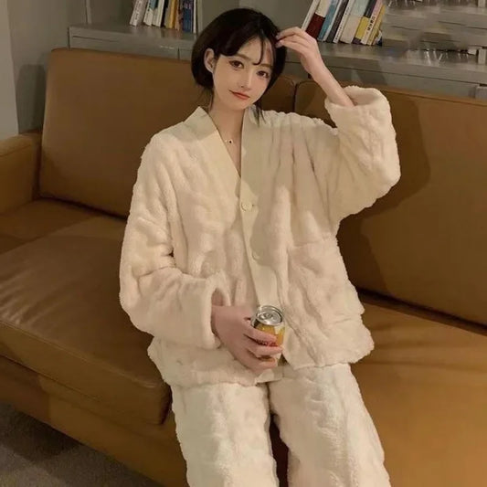 Winter Plush Fleece Thickened Flannel Sleepwear Set Women's Home Clothes Warm Cozy Breathable Long Sleeve Long Pants Home Lei...