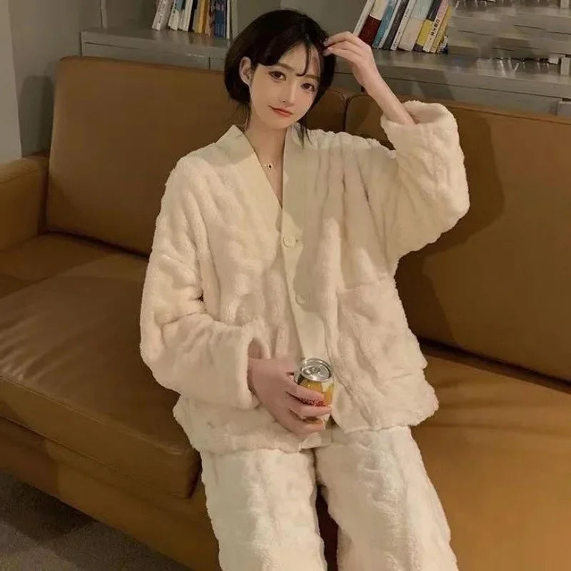 Winter Plush Fleece Thickened Flannel Sleepwear Set Women's Home Clothes Warm Cozy Breathable Long Sleeve Long Pants Home Lei...