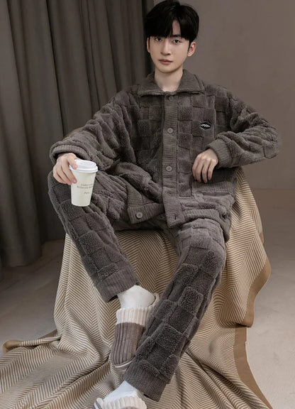 2Pcs/set men's pajamas autumn and winter padded and thickened warm long-sleeved trousers coral fleece homewear men's clothing