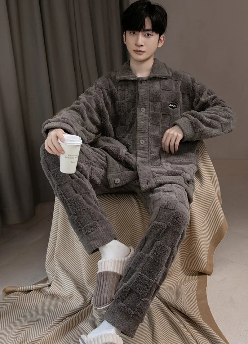 2Pcs/set men's pajamas autumn and winter padded and thickened warm long-sleeved trousers coral fleece homewear men's clothing