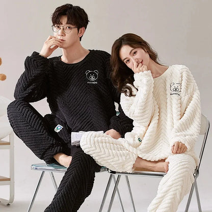 Thickened Coral Fleece Long Sleeve Sleepwear for Couples Spring Autumn Winter Flannel Warm Home Clothes Men Women Winter Home Py