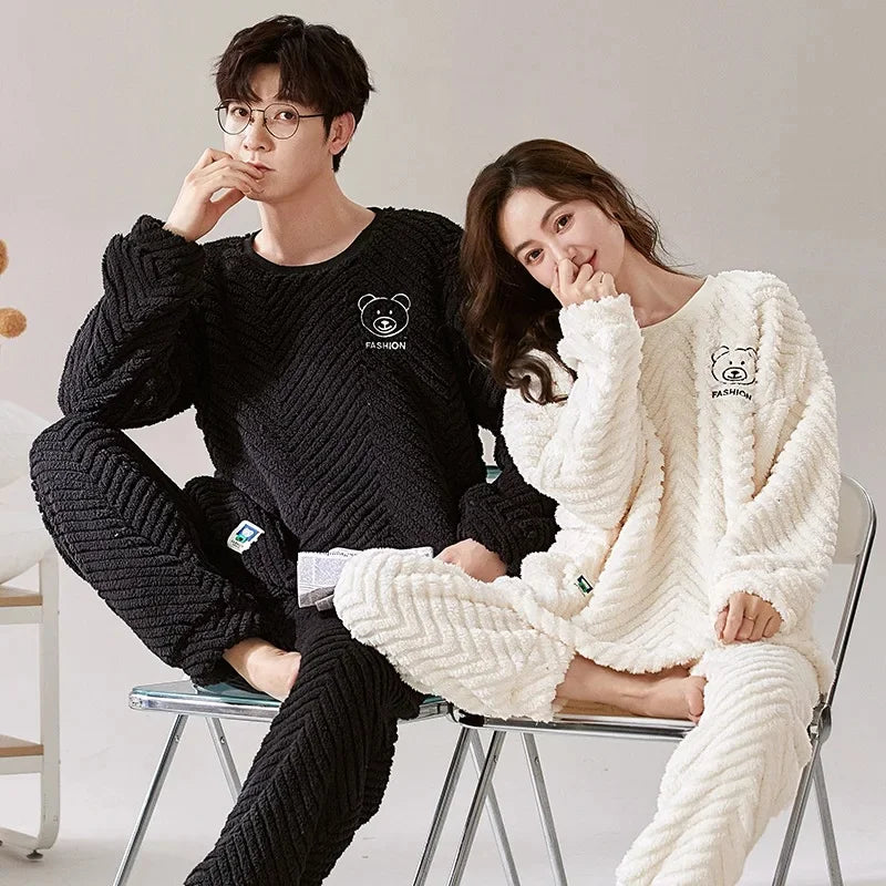 Thickened Coral Fleece Long Sleeve Sleepwear for Couples Spring Autumn Winter Flannel Warm Home Clothes Men Women Winter Home Py