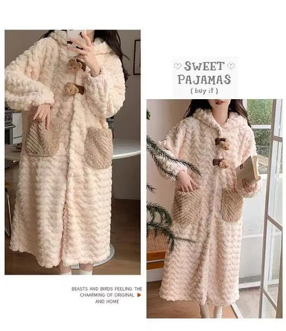 Korean Style Long Hooded Coral Fleece Sleepwear Women's Thickened Autumn Winter New Arrival Comfortable Home Leisure Robe