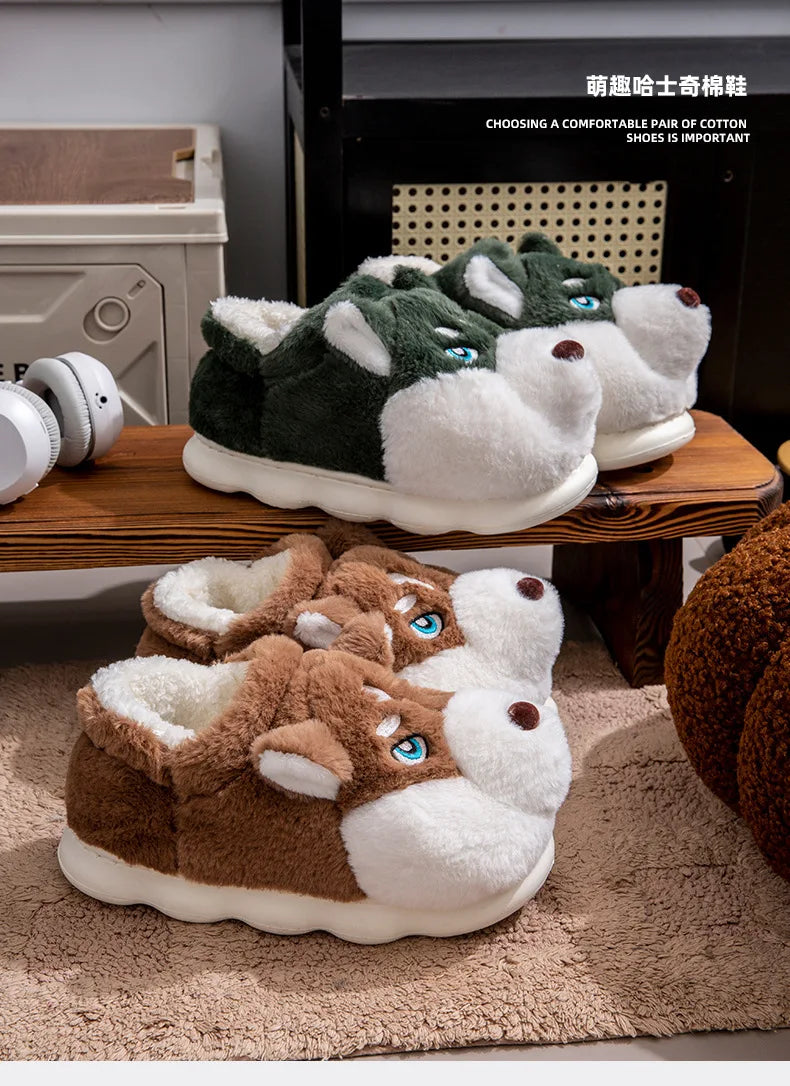 Men Home Cotton Slippers Cute Cartoon Dog Winter Warm Shoes For Couples Soft Plush Anti-slip Male Female Indoor Fluffy Slides