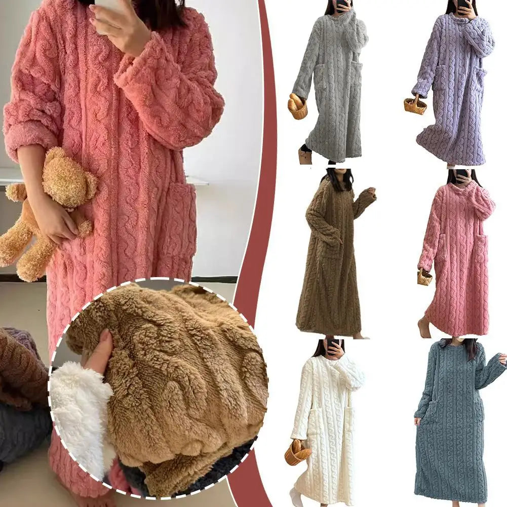 Winter Long Sleeve Flannel Nightgowns Women Loose Double Pocket Solid Sleepwear Jacquard Night Dress Thickened Warm Nightdress