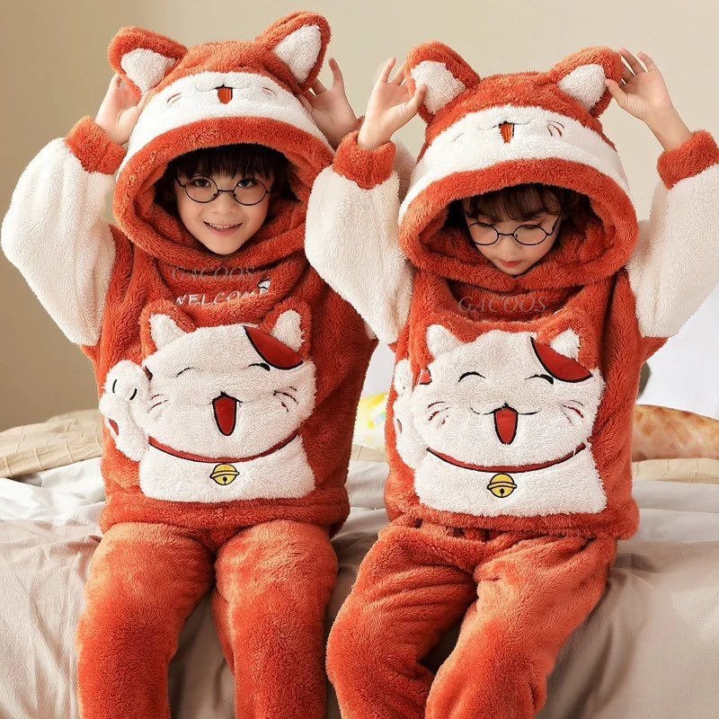 Winter Kids Fleece Pajamas Panda Children Clothing Sets Thick Hooded Pijamas for 4 6 8 12 Years Animal Cartoon Warm Home Clothes