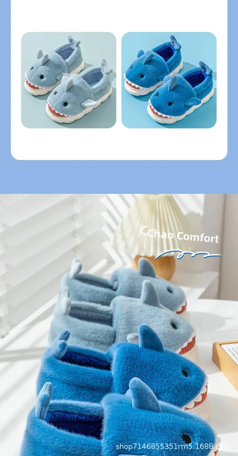 Warm Anti-Slip Plush Slippers Shark Style Women's Winter Home Wear Outdoor Fashionable Cotton Shoes Men's Comfortable Slip-On