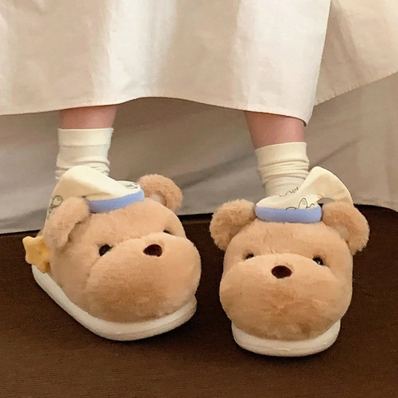 Women House Fur Slippers Casual Cute 3D-shaped Sleeping Cap Bear Design Khaki Winter Indoor Non-slip Warm Soft Soles Comfy Home