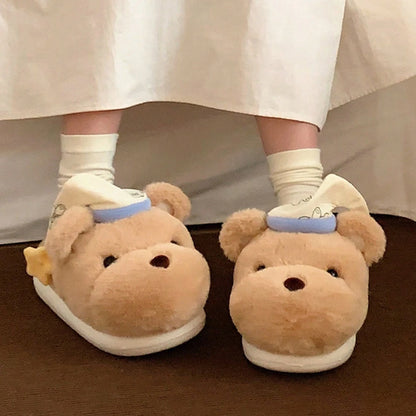 Women House Fur Slippers Casual Cute 3D-shaped Sleeping Cap Bear Design Khaki Winter Indoor Non-slip Warm Soft Soles Comfy Home
