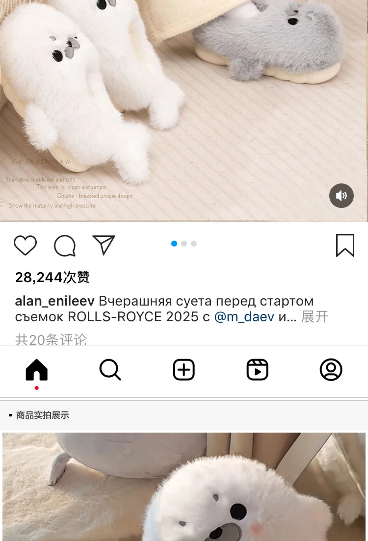 Little Seal Fluffy Home Slippers Anti-Slip Indoor Floor Shoes Cartoon Cute Plush Thicken Warm Cotton Shoes