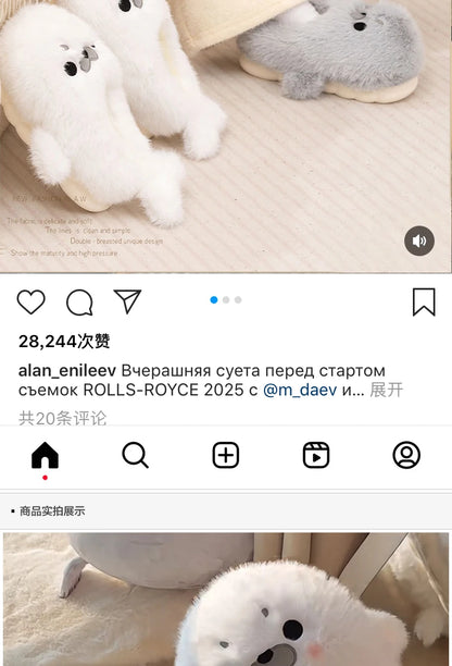 Little Seal Fluffy Home Slippers Anti-Slip Indoor Floor Shoes Cartoon Cute Plush Thicken Warm Cotton Shoes