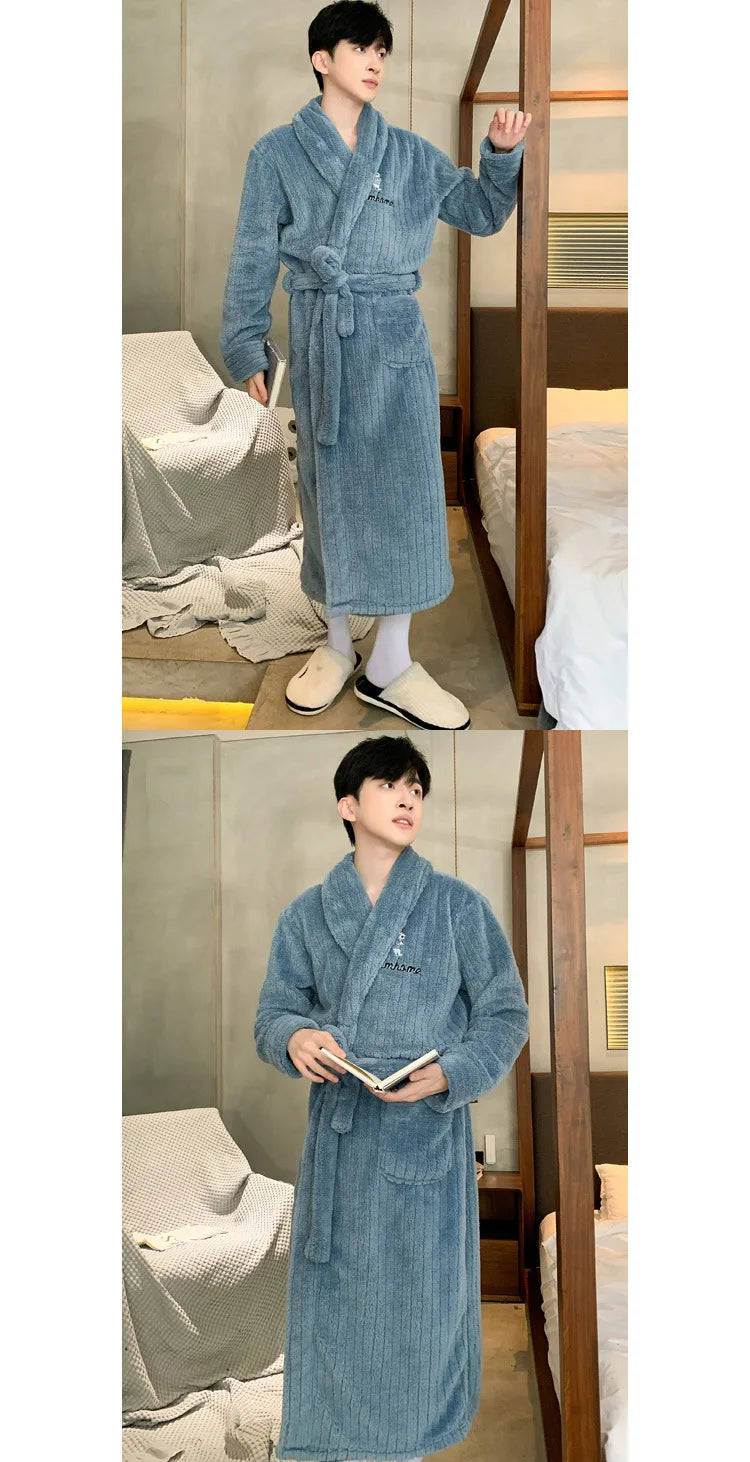 Turn-down V-neck Robes for Men 2025 New Winter Warm Flannel Robes Solid Soft Thick Fleece Sleepwear Male Casual Loose Home Wear