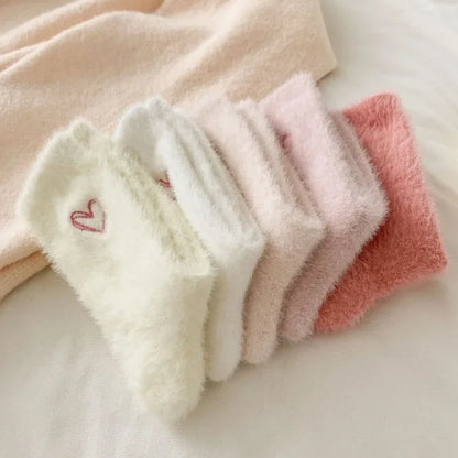 Thickened Middle Tube Socks Mink Fur Pink Embroidered Heart-shaped Women Autumn Winter Warm Sleep Home Solid Color Plush Sock