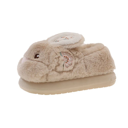 Cute Rabbit Embroidery Cotton Slippers Women's Winter New Style Indoor Home Anti-slip Warm Plush Wrapped Heel Cotton Shoes Ou...