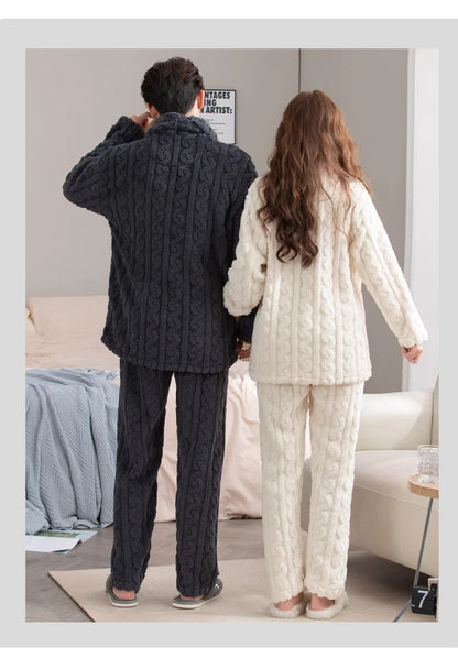 Thickened Coral Fleece Flannel Pajamas Set for Men And Women Home Clothes Comfortable Long Sleeve Sleepwear Winter Autumn