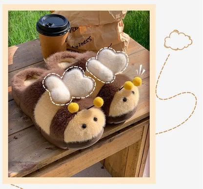 Cute Bee Winter Home Plush Slippers Women's Cotton Slippers Low Heel Soft Bottom Home Shoes Anti-slip Furry Comfortable Footwear