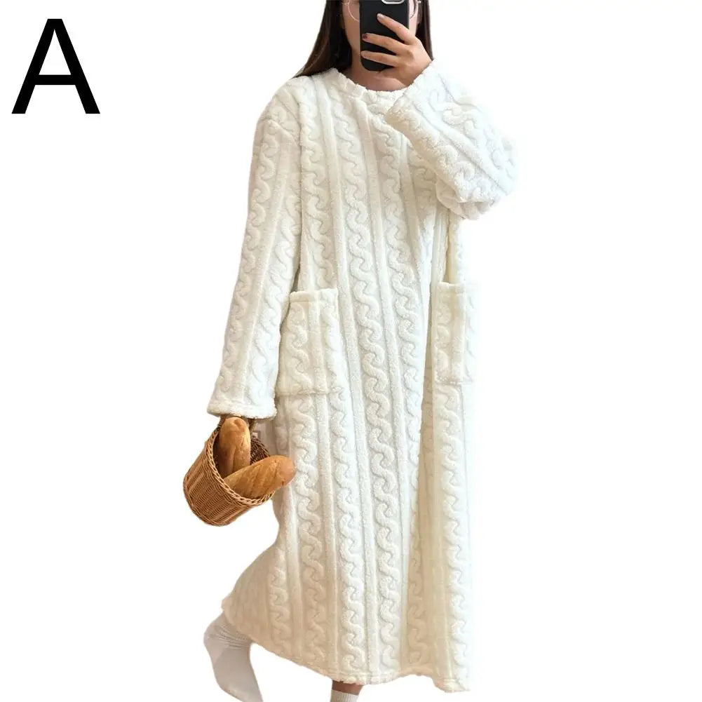 Winter Long Sleeve Flannel Nightgowns Women Loose Double Pocket Solid Sleepwear Jacquard Night Dress Thickened Warm Nightdress