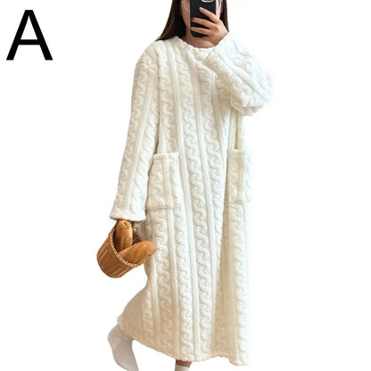 Winter Long Sleeve Flannel Nightgowns Women Loose Double Pocket Solid Sleepwear Jacquard Night Dress Thickened Warm Nightdress