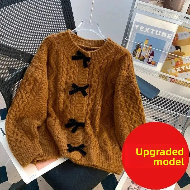 Women's Spring Autumn Butterfly Knot Sweater Coat Soft Tassel Twist Outerwear Cardigan round Neck Full Sleeve Retro Japanese Laz