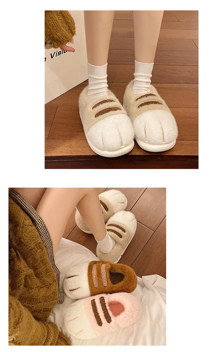 New Adorable Kitty Claw Slippers Women's Home Shoes Non Slip Furry Mules Female Fashion Warm Fluffy Slides Outdoor Cat Slippers