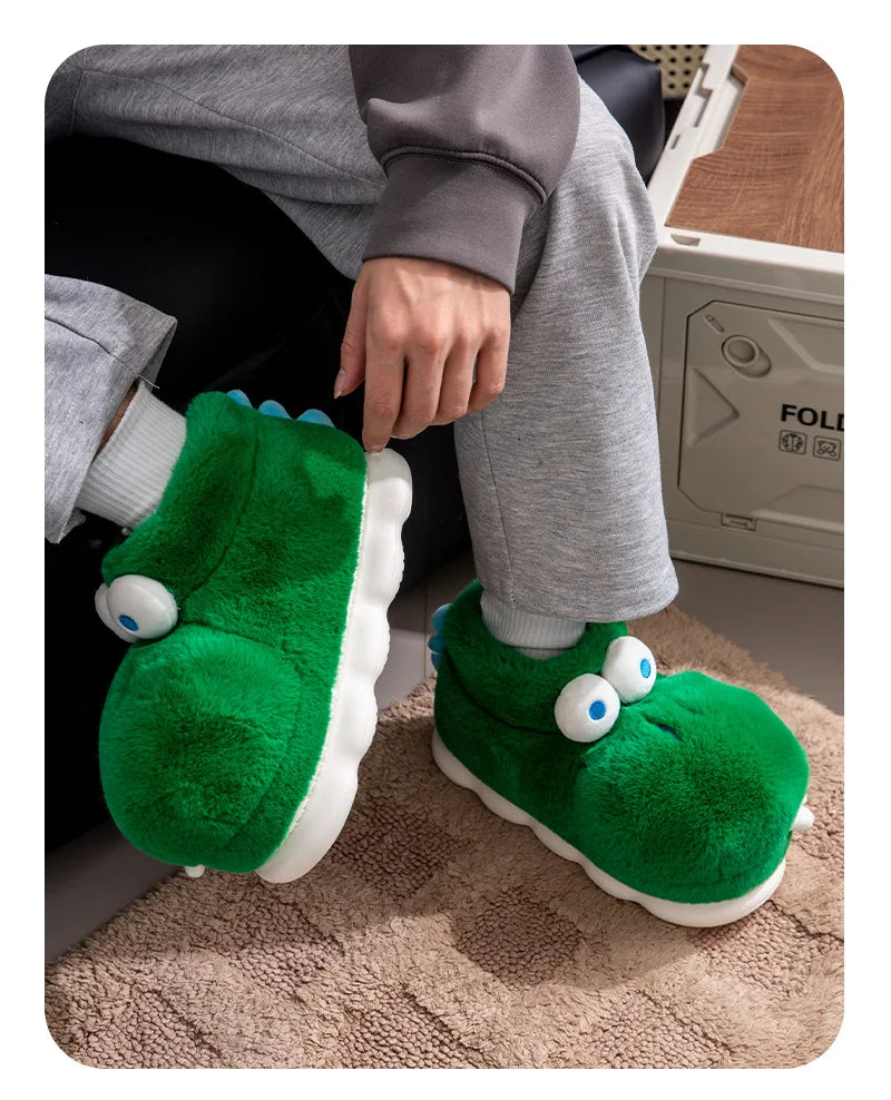 Winter Warm Shoes Woman Men Indoor Fluffy Slippers Cute Cartoon Crocodile Thick Sole Soft Plush Couples Home Floor Snow Boots