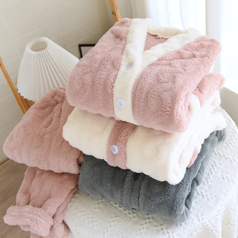 Thickened Flannel V-Neck Couple Sleepwear Long Sleeve Home Clothes Set for Autumn Winter Warm Polyester Fiber Open Cardigan