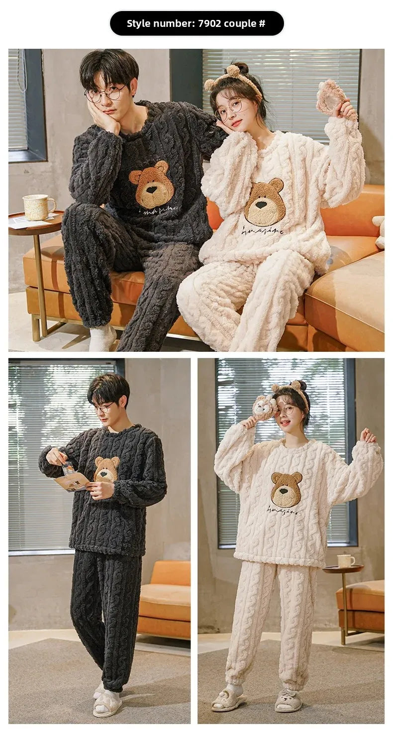 Thickened Coral Fleece Long Sleeve Sleepwear for Couples Spring Autumn Winter Flannel Warm Home Clothes Men Women Winter Home Py