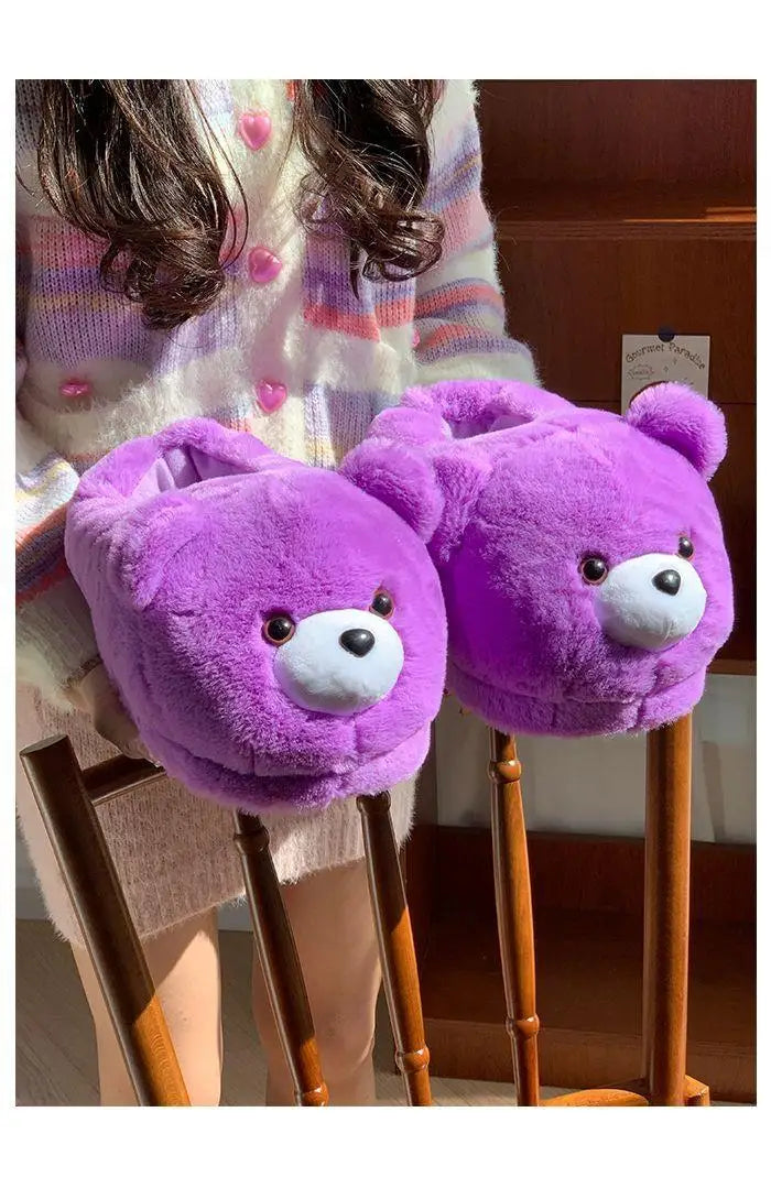 2025 Women's Home Slippers Sweet Fluffy Rainbow Bear Lady slippers indoor Anti slip lightweight keep warm Winter House Shoes 44