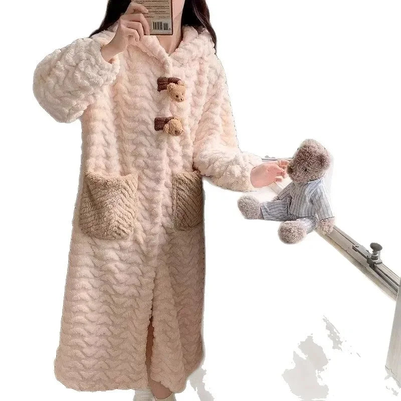 Korean Style Long Hooded Coral Fleece Sleepwear Women's Thickened Autumn Winter New Arrival Comfortable Home Leisure Robe