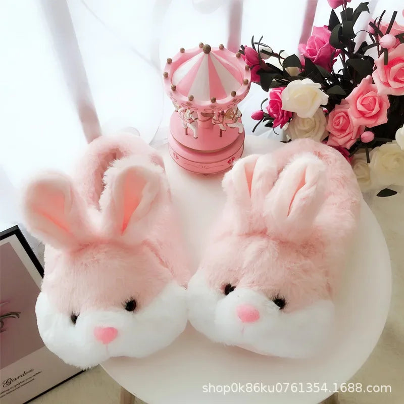 Thickened Plush Home Slippers for Men And Women Cute Rabbit Design Indoor Couples Cotton Slippers with Heel Indoor Shoes