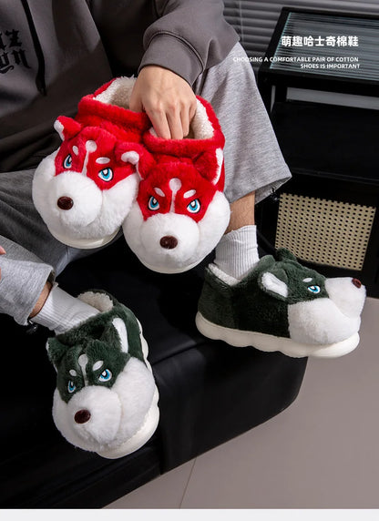 Men Home Cotton Slippers Cute Cartoon Dog Winter Warm Shoes For Couples Soft Plush Anti-slip Male Female Indoor Fluffy Slides