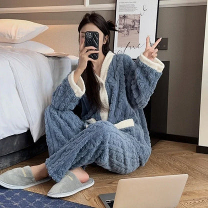 2pcs/Set Autumn and Winter Pajamas Women Thickened Padded Warm Students Coral Girls Clot Velvet Suit Homewear Cardigan Trousers
