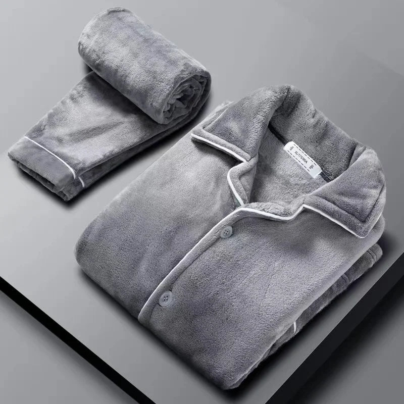 Autumn Winter Long Sleeve Thicked Warm Flannel Pajama Sets for Men Cozy Coral Velvet Sleepwear 2 Pieces Man Lounge Homewear Suit