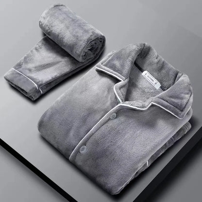 Autumn Winter Long Sleeve Thicked Warm Flannel Pajama Sets for Men Cozy Coral Velvet Sleepwear 2 Pieces Man Lounge Homewear Suit