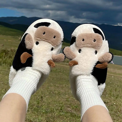 Gacimy Winter Plush Slippers For Women Cute Milk Cow Fluffy Cotton Shoes Girls Fashion Cartoon Indoor Warm Comfortable Slippers
