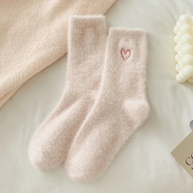 Thickened Middle Tube Socks Mink Fur Pink Embroidered Heart-shaped Women Autumn Winter Warm Sleep Home Solid Color Plush Sock