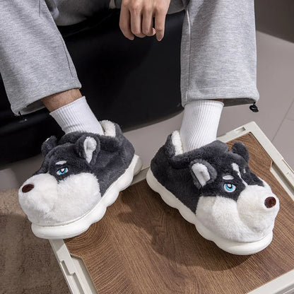 Men Indoor Cotton Slippers Cute Cartoon Dog Winter Warm Shoes Couples Home Floor Slides Anti-slip  Female Male House Footwear