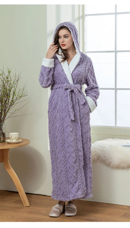 Thick Women Warm Bathrobe Solid Hooded Warm Ladies Dressing Gown Long Sleeve Flannel Bath Robe For Female