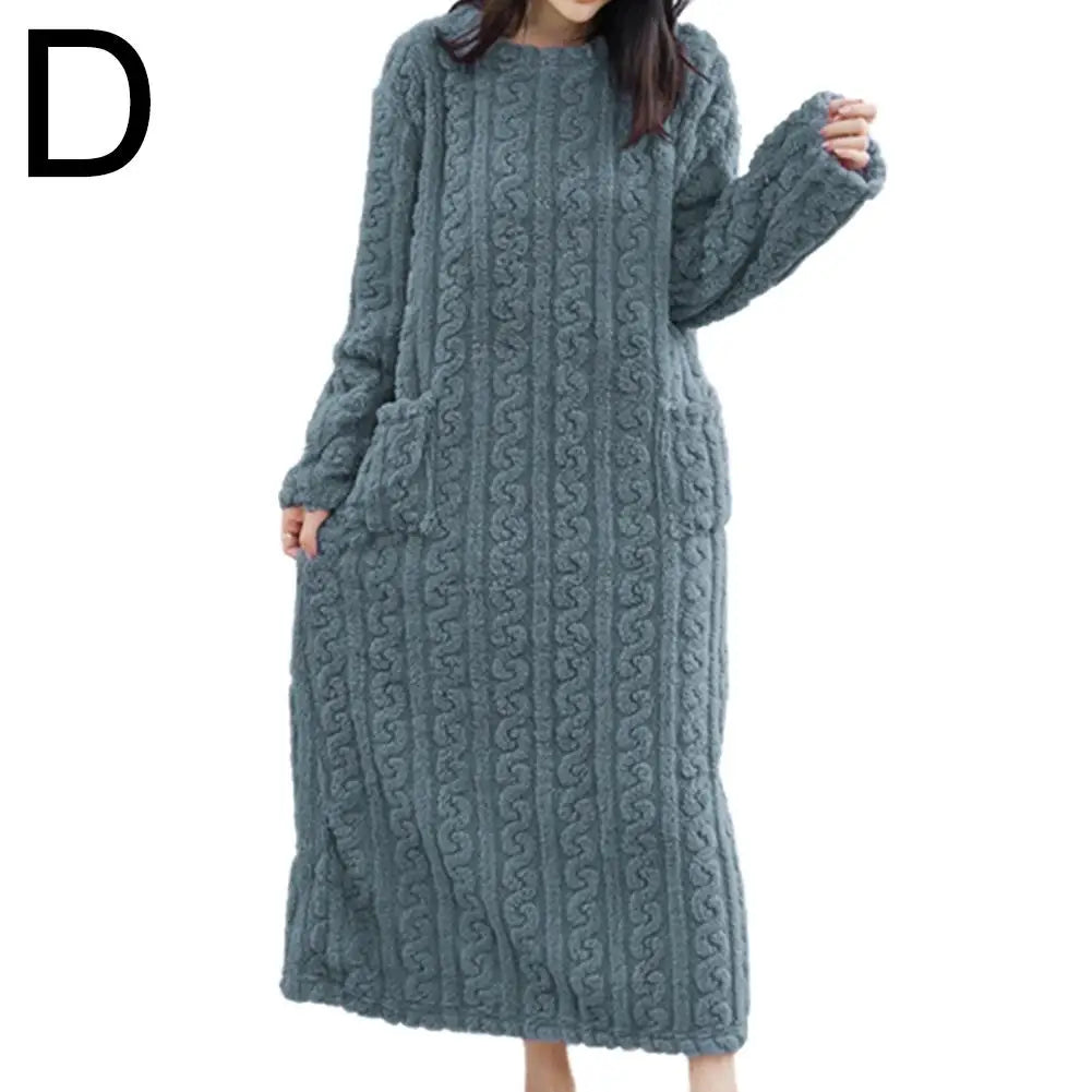 Winter Long Sleeve Flannel Nightgowns Women Loose Double Pocket Solid Sleepwear Jacquard Night Dress Thickened Warm Nightdress
