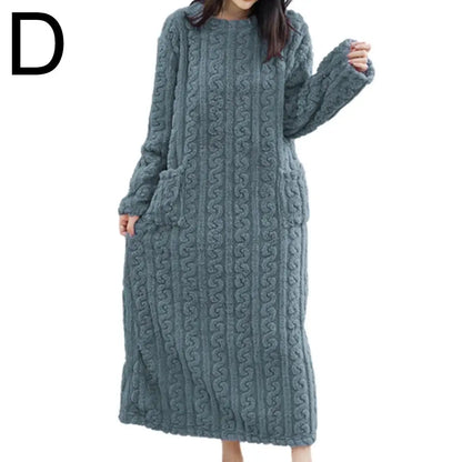 Winter Long Sleeve Flannel Nightgowns Women Loose Double Pocket Solid Sleepwear Jacquard Night Dress Thickened Warm Nightdress