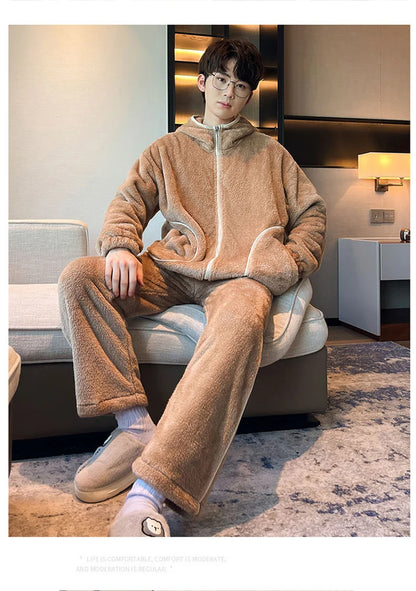 6XL 7XL 8XL Winter Men's Hooded Homewear Heavy Plus Velvet Zipper Cardigan Plus Size Pajamas Pants Keep Warm White Black Suit