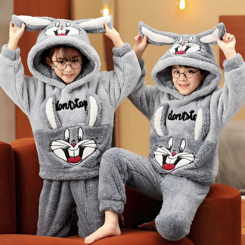 Winter Kids Fleece Pajamas Panda Children Clothing Sets Thick Hooded Pijamas for 4 6 8 12 Years Animal Cartoon Warm Home Clothes