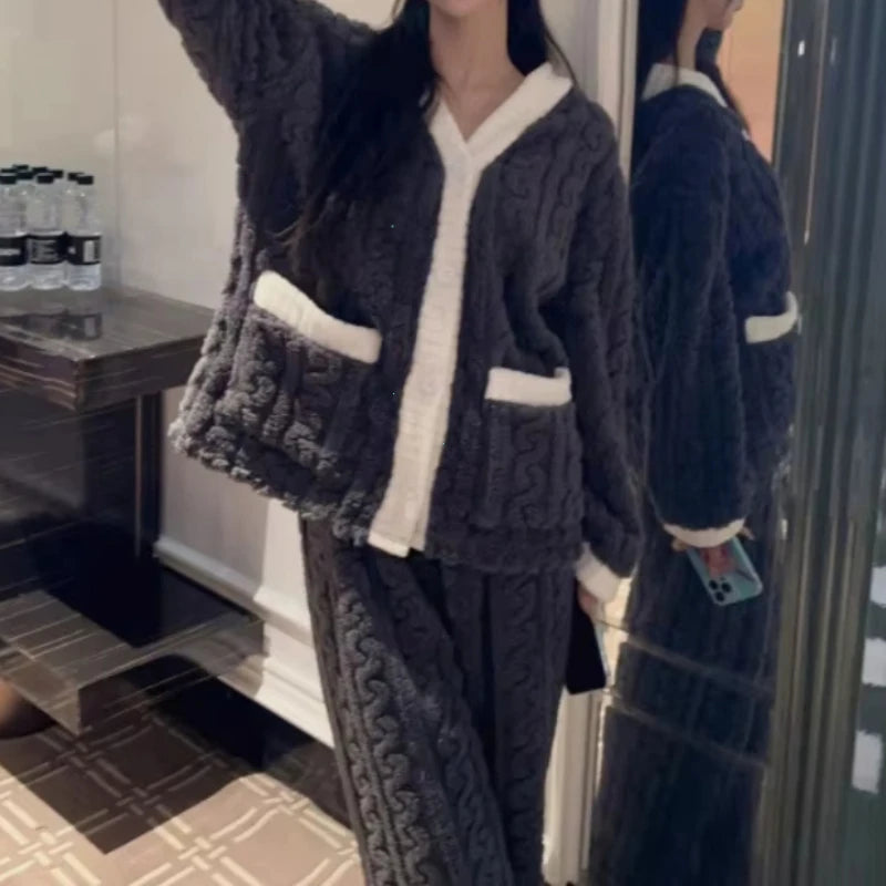 2pcs/Set Autumn and Winter Pajamas Women Thickened Padded Warm Students Coral Girls Clot Velvet Suit Homewear Cardigan Trousers