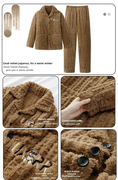 2025 Autumn Winter Coral Fleece Thickened Flannel Sleepwear Home Clothes Set for Men Breathable Long Sleeve Long Pants Pajamas