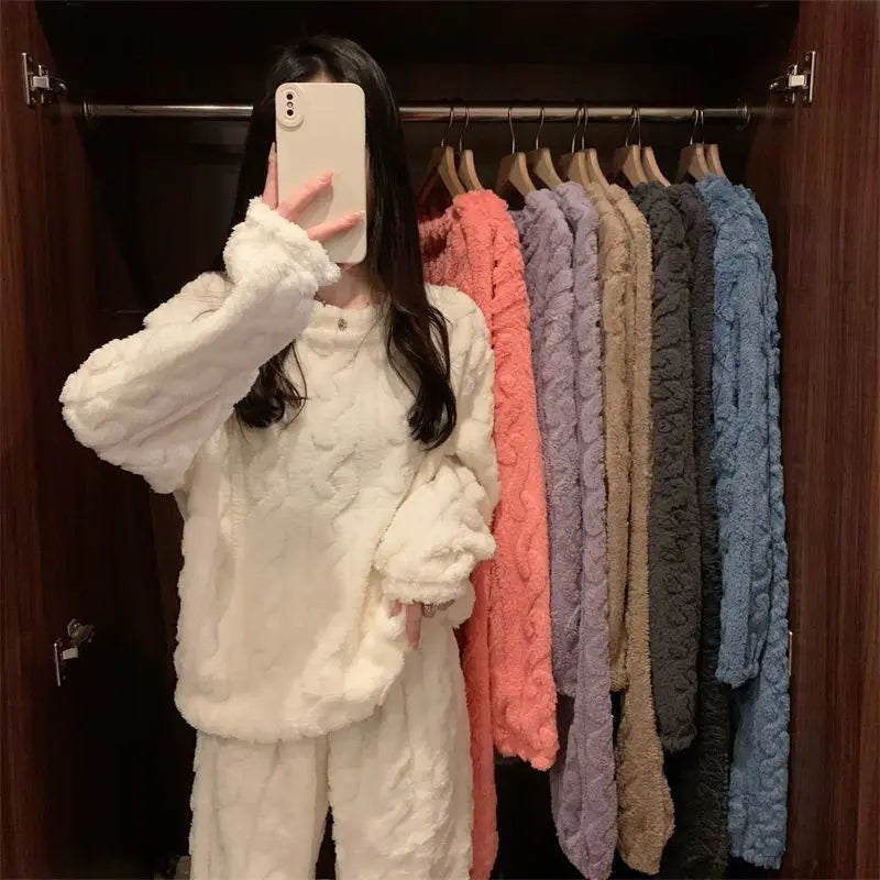 Autumn Winter Sweet Coral Fleece Pajamas Women Fleece-lined Thickened 2025 New Zip-up Flannel Warm Home Wear Set