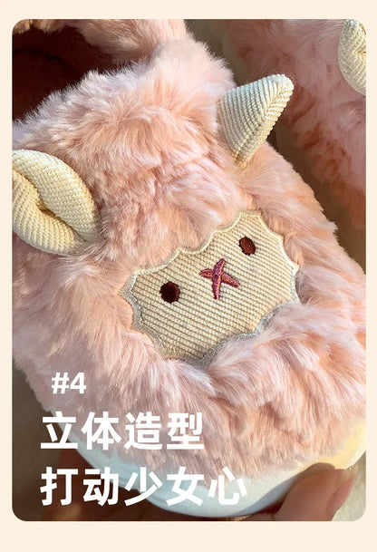 Winter Cartoon Plush Slippers Warm Fluffy Faux Fur Sheep Design Indoor Home Couple Cotton Slippers for Men And Women