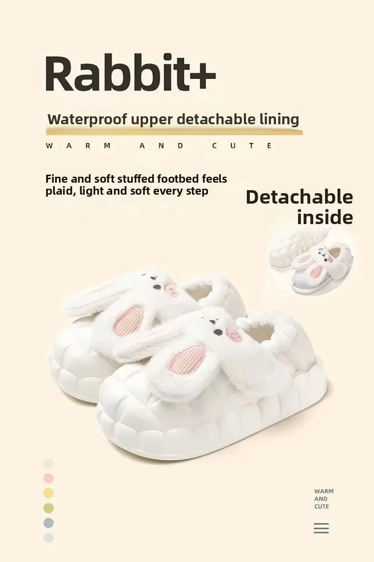 Women's Home Slippers Rabbit Fur Cotton Warm Anti-Slip Winter Outdoor Wearable Sweet Style Soft Cotton Lined House Shoes