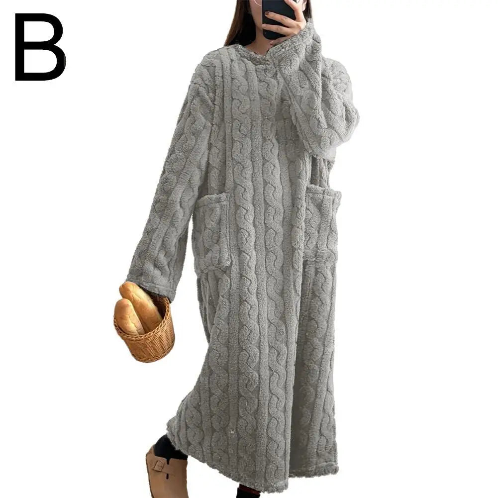 Winter Long Sleeve Flannel Nightgowns Women Loose Double Pocket Solid Sleepwear Jacquard Night Dress Thickened Warm Nightdress
