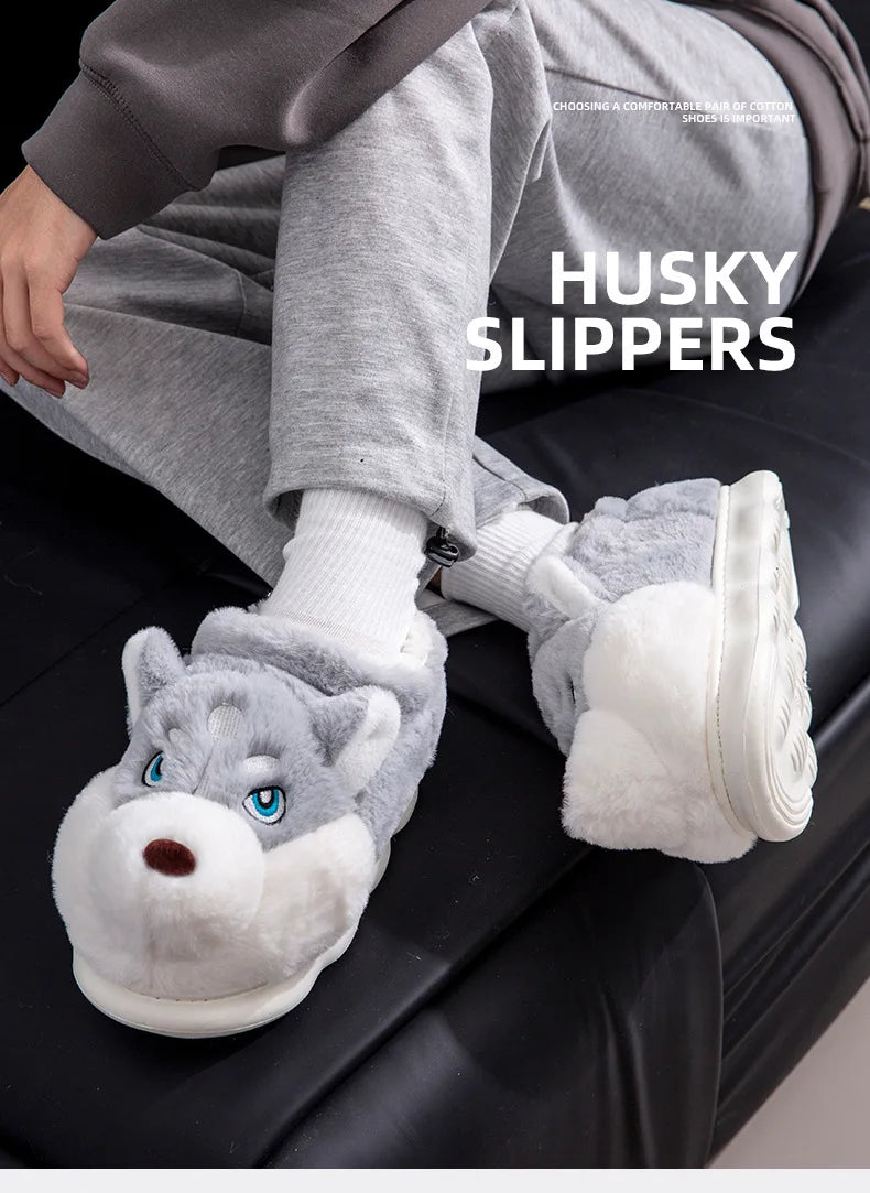Men Home Cotton Slippers Cute Cartoon Dog Winter Warm Shoes For Couples Soft Plush Anti-slip Male Female Indoor Fluffy Slides