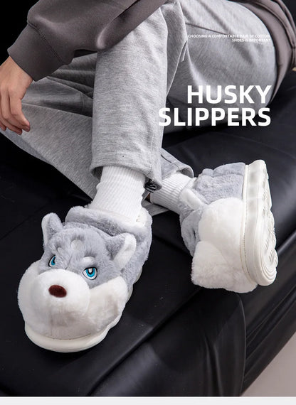Men Home Cotton Slippers Cute Cartoon Dog Winter Warm Shoes For Couples Soft Plush Anti-slip Male Female Indoor Fluffy Slides